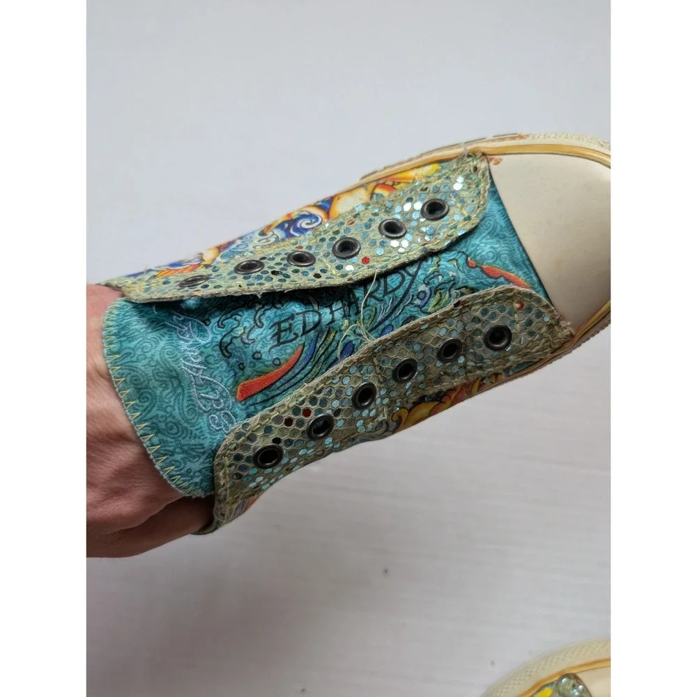 Ed Hardy Womens Size 10 Slip On Shoes Embroidered Glitter Mermaid Y2K Vintage